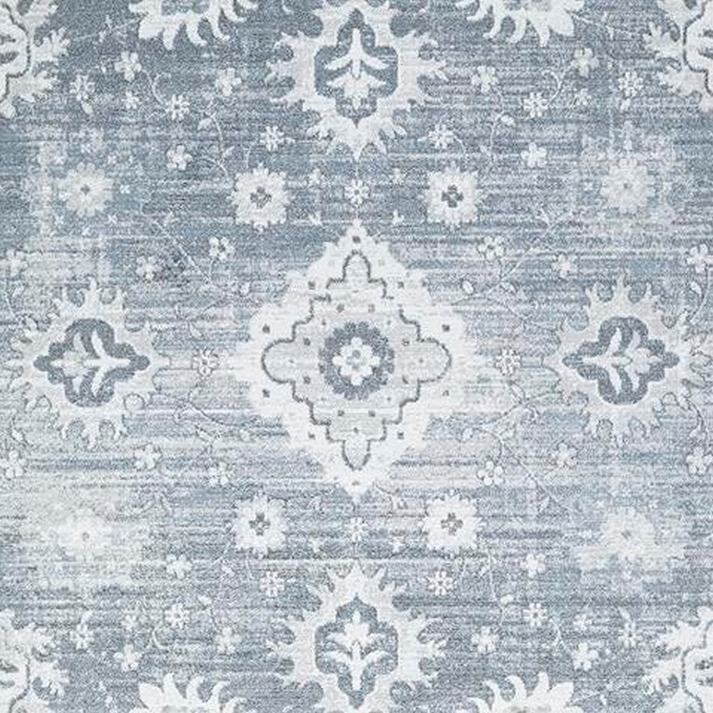 Avans Traditional Washable Large Area Rug, Gray-Ivory Motifs, Blue Polyester 8x10