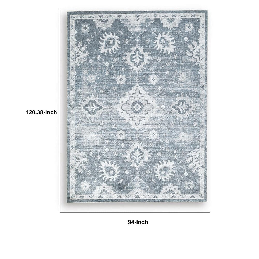 Avans Traditional Washable Large Area Rug, Gray-Ivory Motifs, Blue Polyester 8x10
