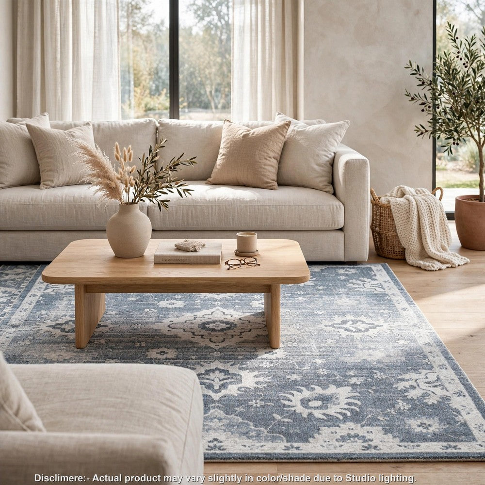 Avans Traditional Washable Large Area Rug, Gray-Ivory Motifs, Blue Polyester 8x10