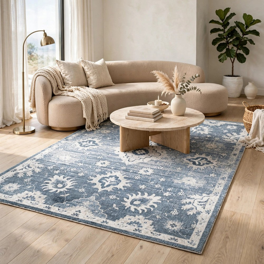 Avans Traditional Washable Large Area Rug, Gray-Ivory Motifs, Blue Polyester 8x10