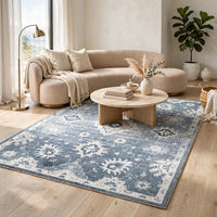 Avans Traditional Washable Large Area Rug, Gray-Ivory Motifs, Blue Polyester 8x10