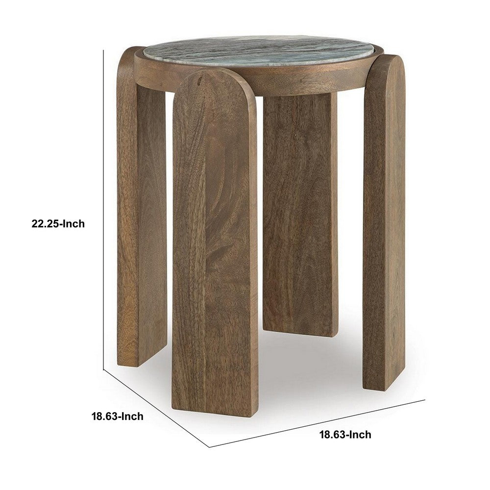 Rhya Accent Table with Round Marble Top, Arched Legs, Brown Mango Wood 22 Inch