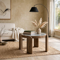 Rhya Accent Table with Round Marble Top, Arched Legs, Brown Mango Wood 22 Inch