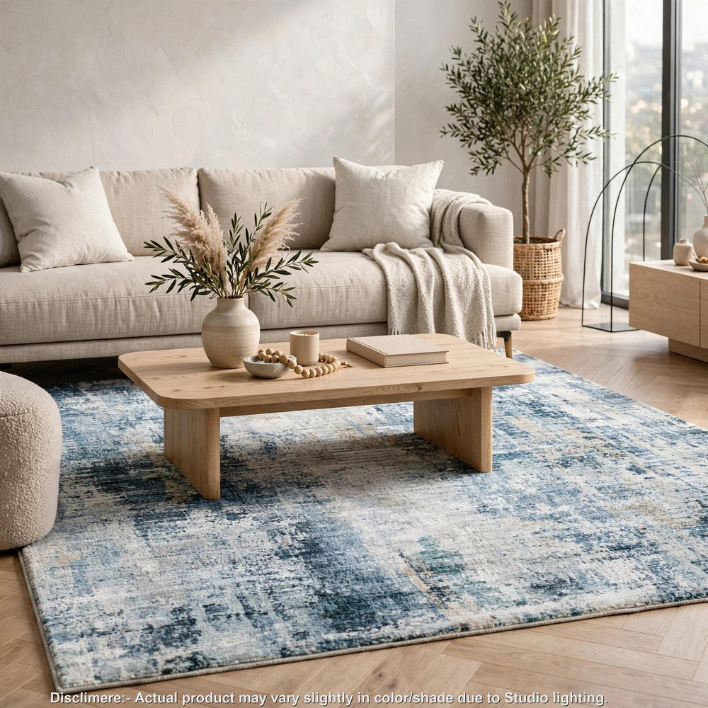 Arian Abstract Medium Area Rug, Faux Fur, Built-In Memory Foam, Blue 5x7
