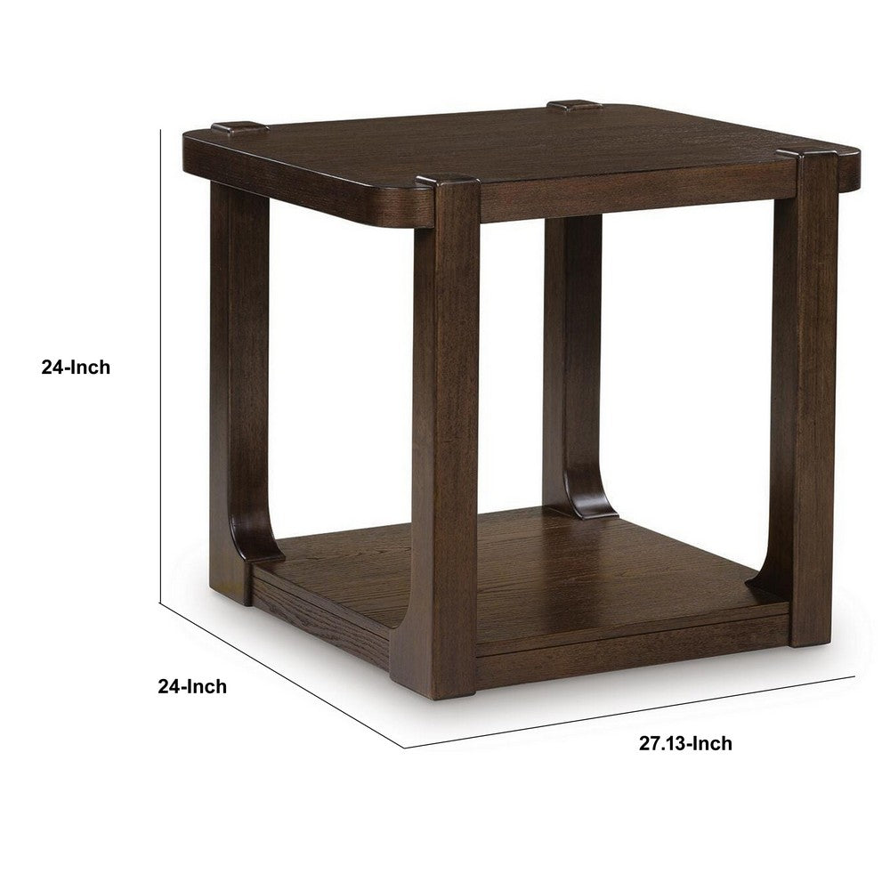 Kemu Square Side End Table with Open Shelf Storage, Dark Brown Wood 27 Inch
