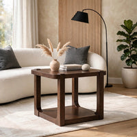 Kemu Square Side End Table with Open Shelf Storage, Dark Brown Wood 27 Inch