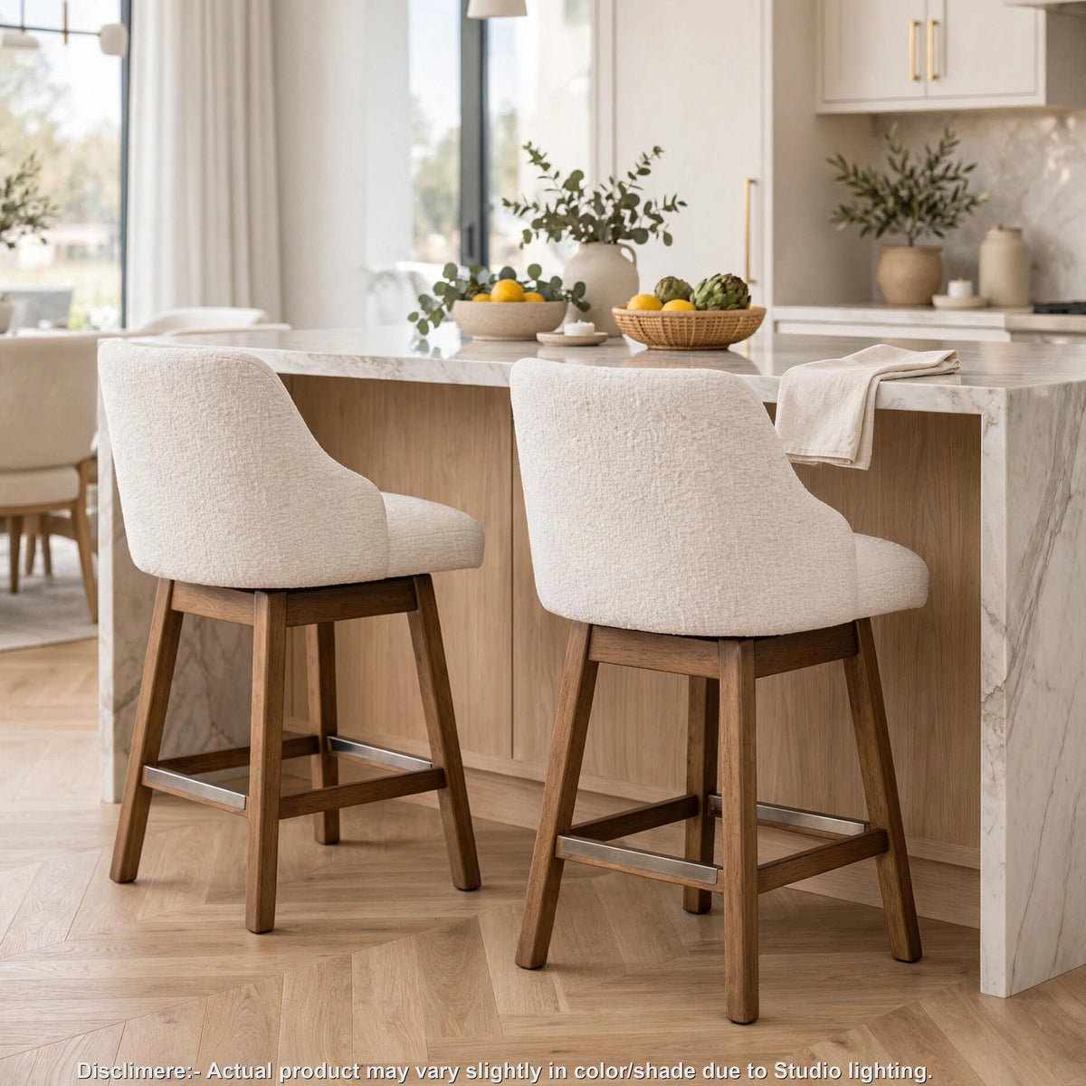 Cabal Swivel Barstool Chair, Set of 2, Oatmeal Polyester, Brown Solid Wood-BM355712