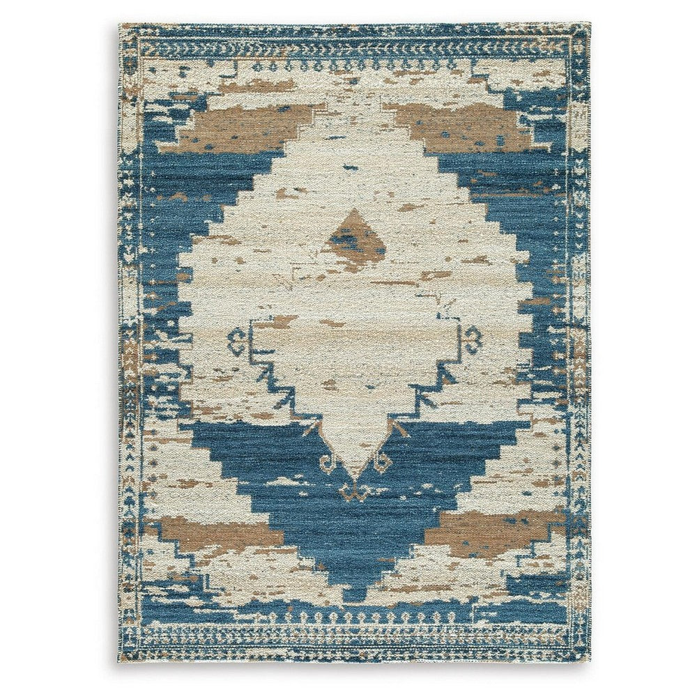 Varny Medium Area Rug with Blue-Brown Medallion Patterns, Tan Polyester 5x7