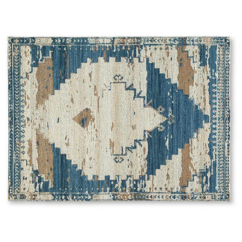 Varny Medium Area Rug with Blue-Brown Medallion Patterns, Tan Polyester 5x7