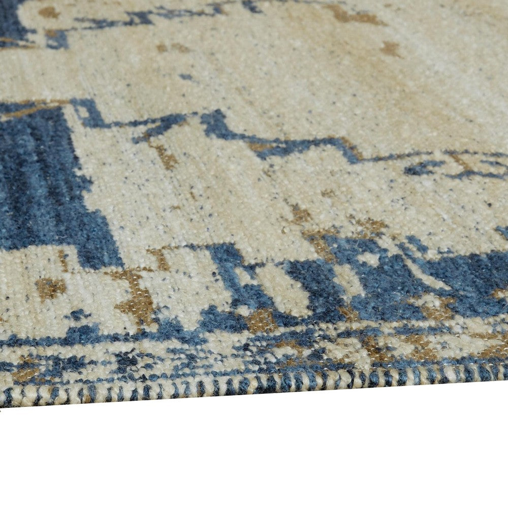Varny Medium Area Rug with Blue-Brown Medallion Patterns, Tan Polyester 5x7