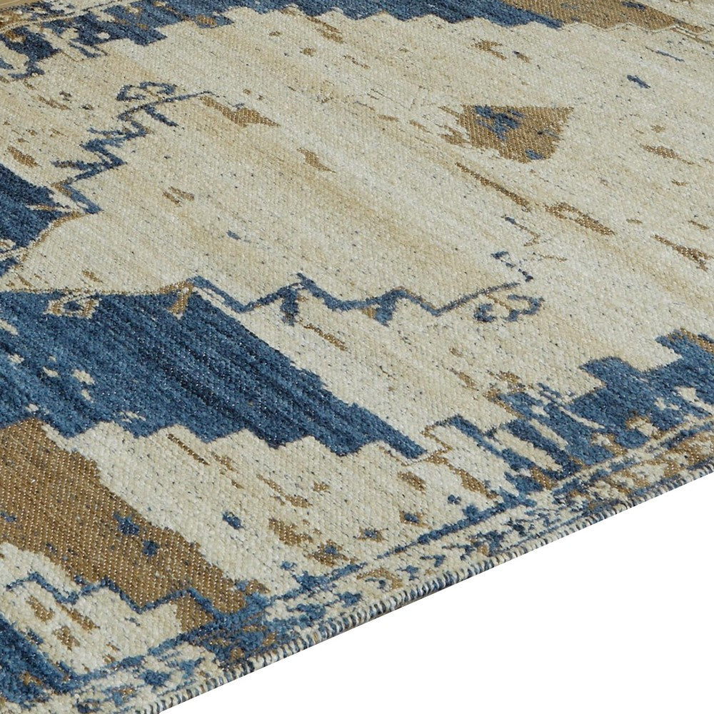 Varny Medium Area Rug with Blue-Brown Medallion Patterns, Tan Polyester 5x7