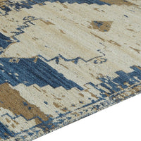Varny Medium Area Rug with Blue-Brown Medallion Patterns, Tan Polyester 5x7
