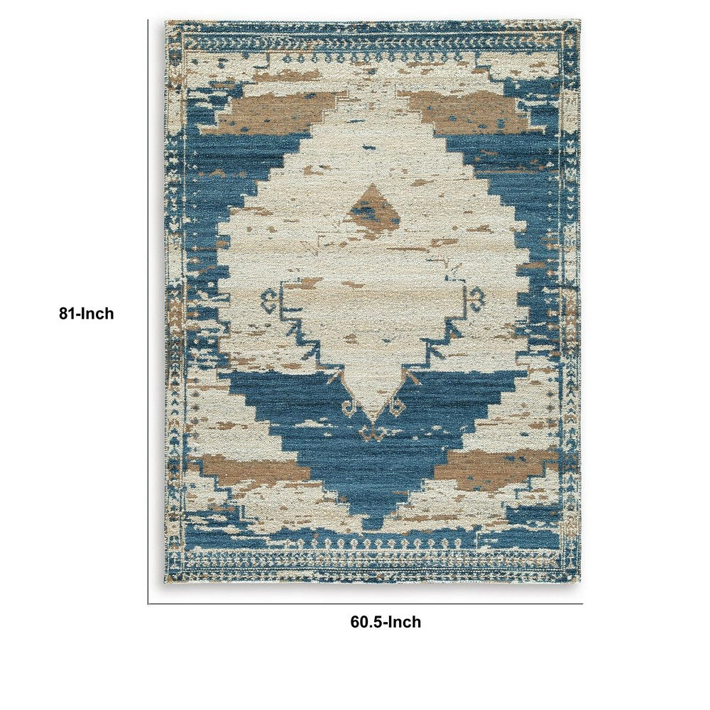 Varny Medium Area Rug with Blue-Brown Medallion Patterns, Tan Polyester 5x7
