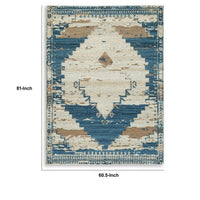 Varny Medium Area Rug with Blue-Brown Medallion Patterns, Tan Polyester 5x7