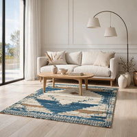 Varny Medium Area Rug with Blue-Brown Medallion Patterns, Tan Polyester 5x7