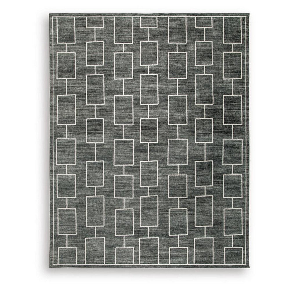 Zelda Washable Large Area Rug with Gray Geometric Designs, Black Faux Fur 8x10