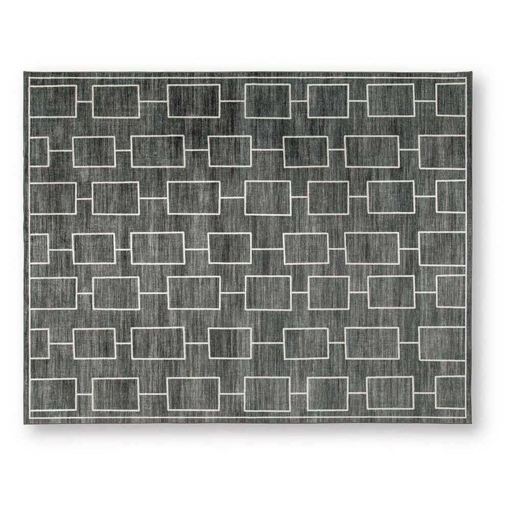 Zelda Washable Large Area Rug with Gray Geometric Designs, Black Faux Fur 8x10