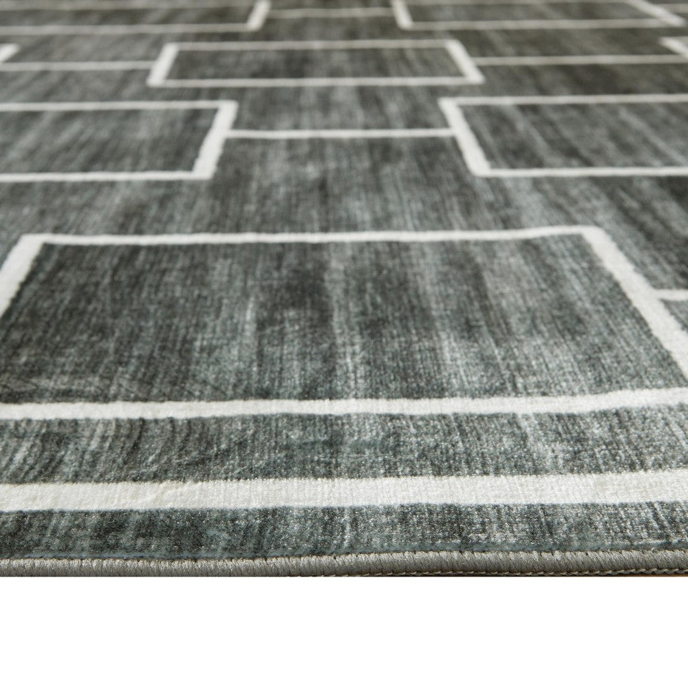 Zelda Washable Large Area Rug with Gray Geometric Designs, Black Faux Fur 8x10