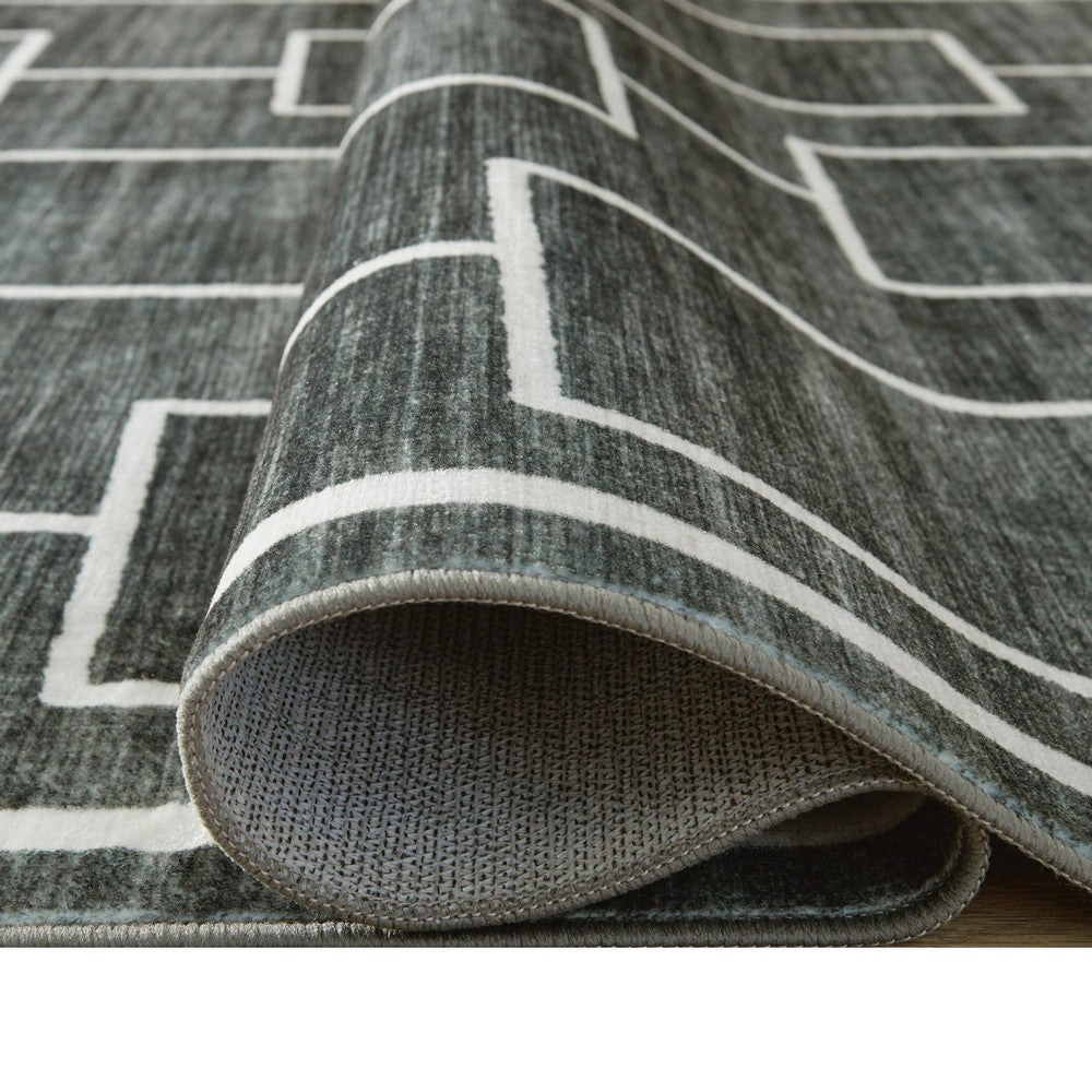 Zelda Washable Large Area Rug with Gray Geometric Designs, Black Faux Fur 8x10