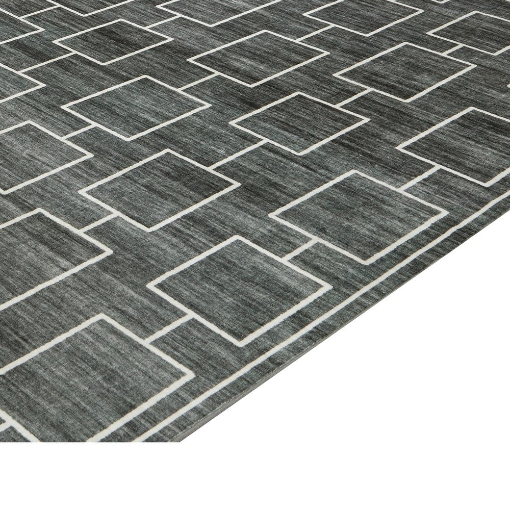 Zelda Washable Large Area Rug with Gray Geometric Designs, Black Faux Fur 8x10