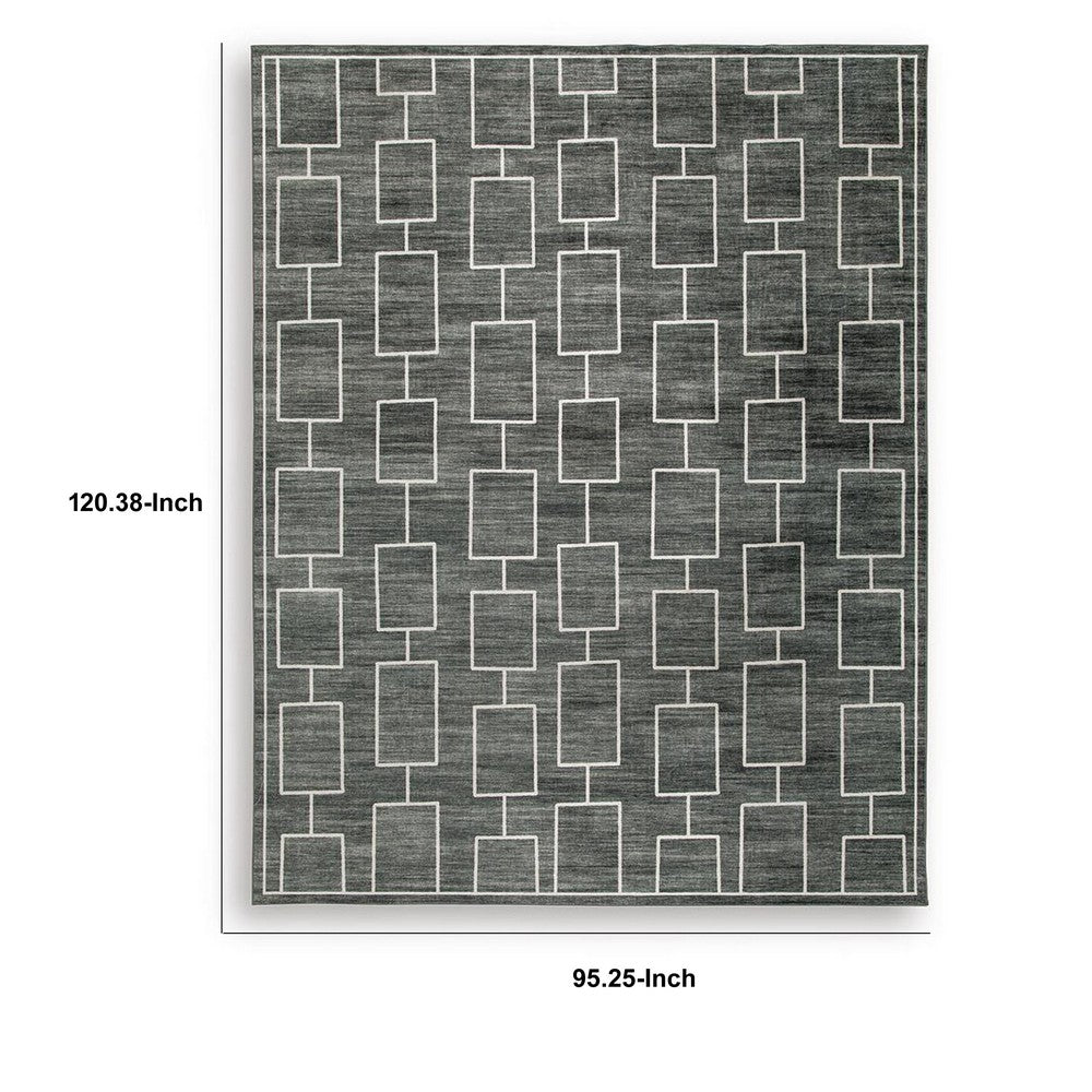 Zelda Washable Large Area Rug with Gray Geometric Designs, Black Faux Fur 8x10