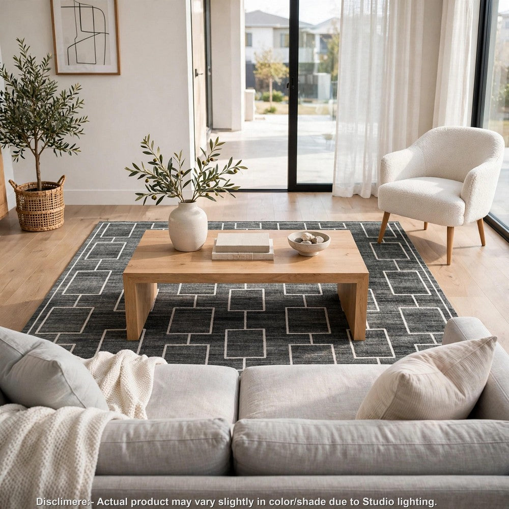 Zelda Washable Large Area Rug with Gray Geometric Designs, Black Faux Fur 8x10
