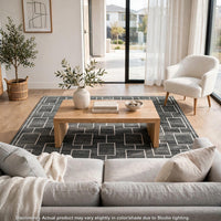 Zelda Washable Large Area Rug with Gray Geometric Designs, Black Faux Fur 8x10