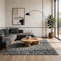 Zelda Washable Large Area Rug with Gray Geometric Designs, Black Faux Fur 8x10