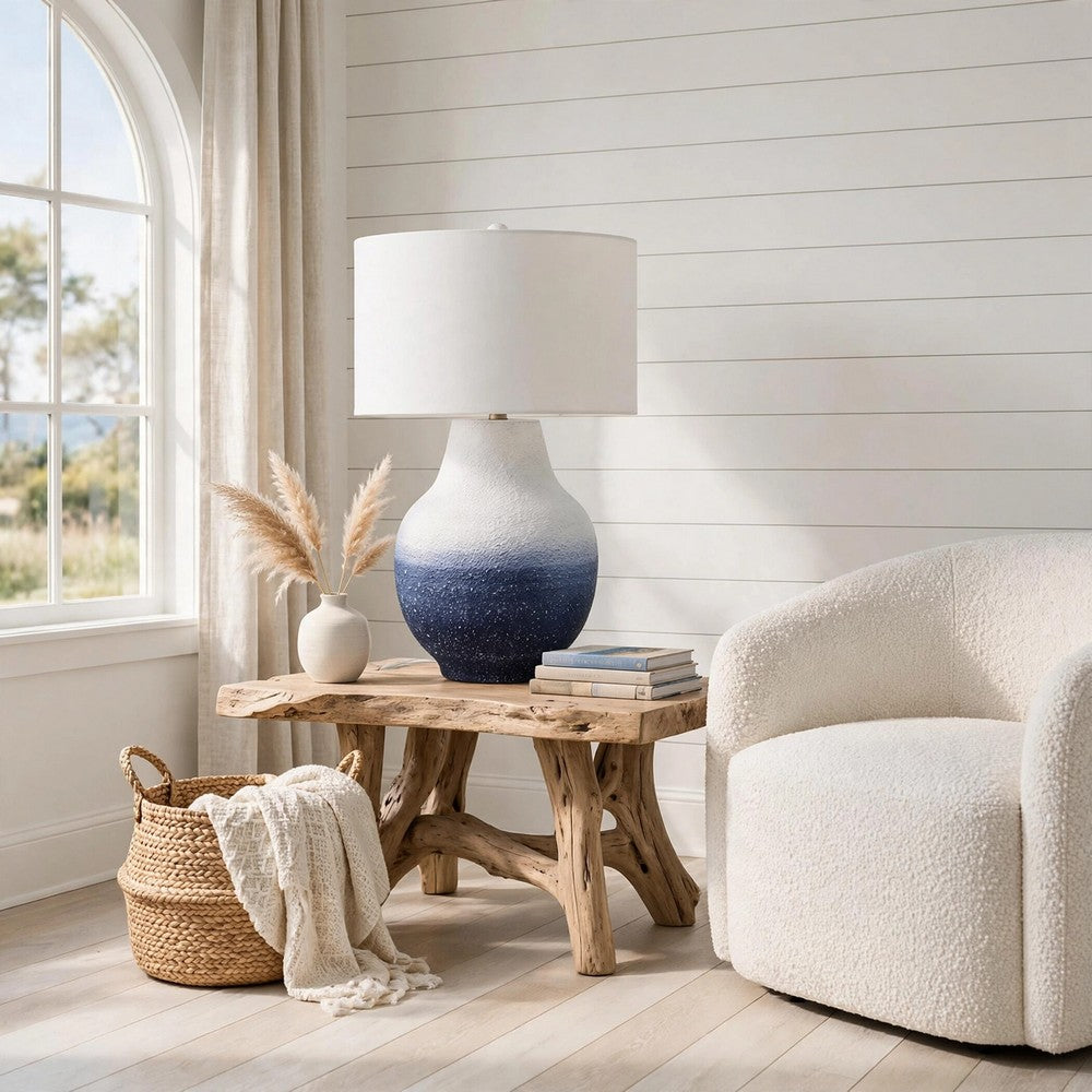 Dash Coastal Table Lamp, Drum Fabric Shade, Ombre White-Navy Metal 31 Inch