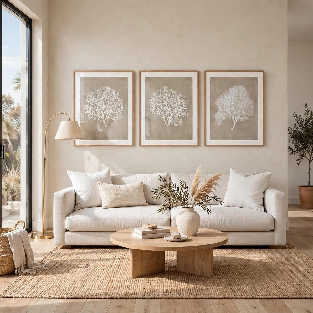 Henny Wall Art, Set of 3, White Coral Motifs, Brown Glass-Front Frame 20x24