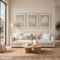 Henny Wall Art, Set of 3, White Coral Motifs, Brown Glass-Front Frame 20x24