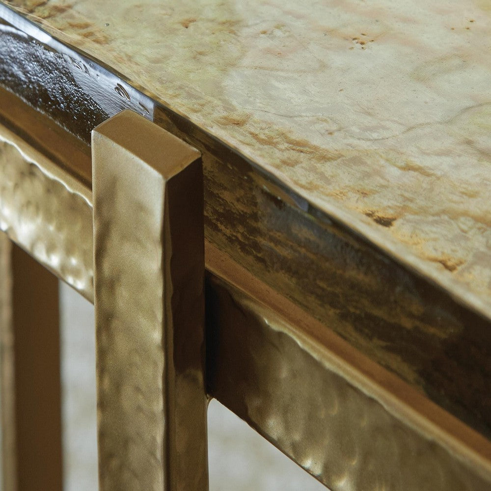 Paula Accent Table with Iridescent Glass Top, Gold Metal Frame 10 x 17 Top