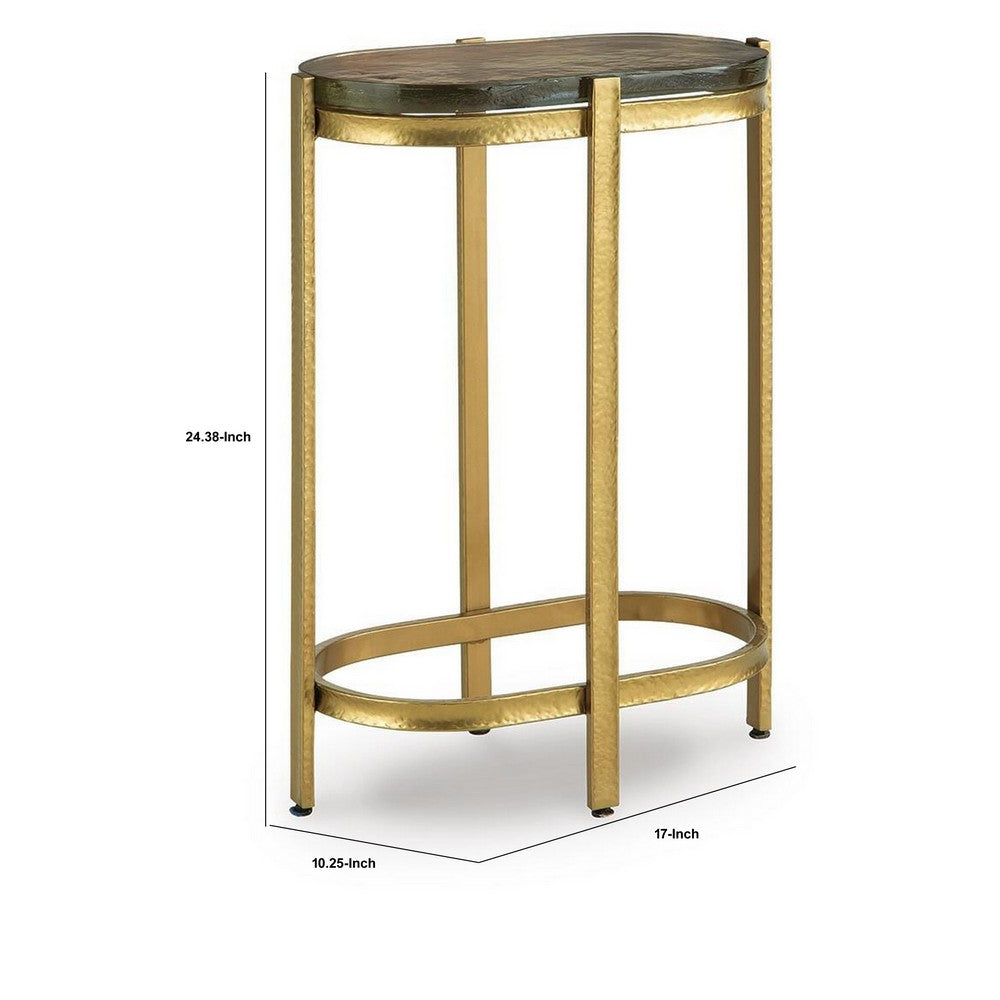 Paula Accent Table with Iridescent Glass Top, Gold Metal Frame 10 x 17 Top