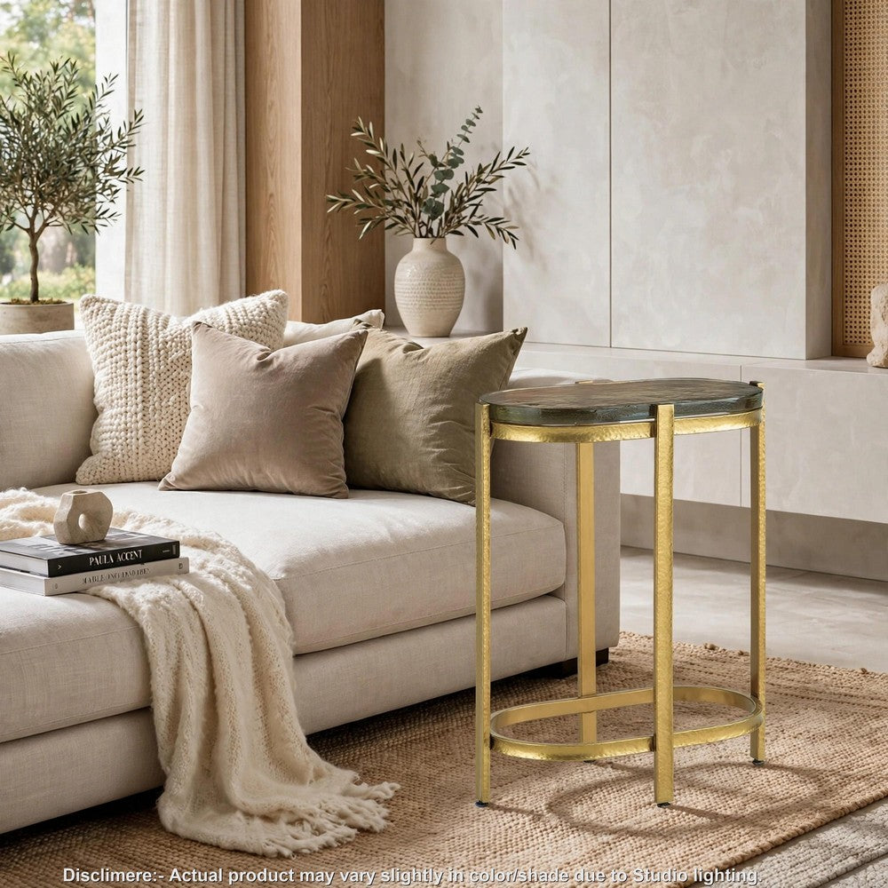 Paula Accent Table with Iridescent Glass Top, Gold Metal Frame 10 x 17 Top