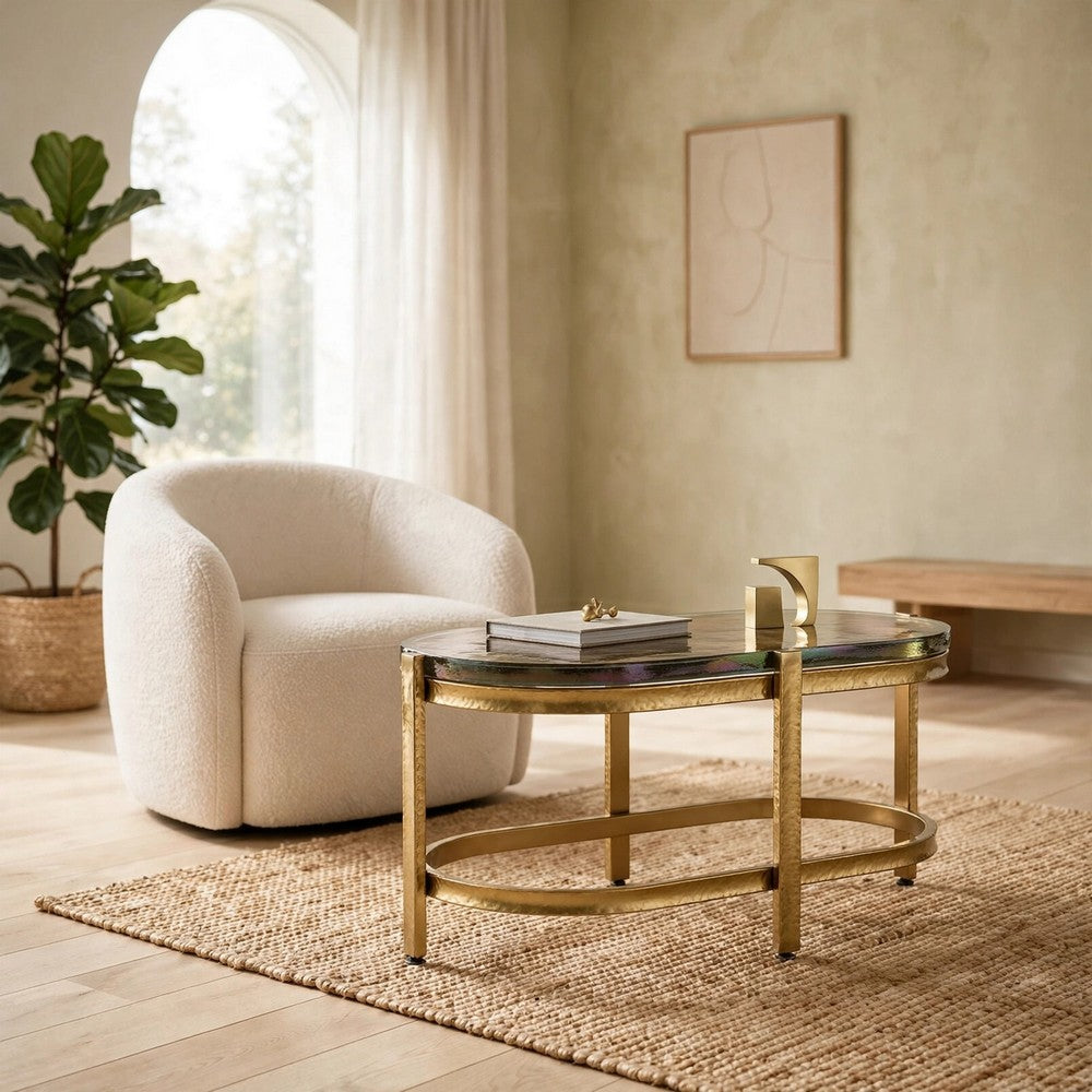 Paula Accent Table with Iridescent Glass Top, Gold Metal Frame 10 x 17 Top