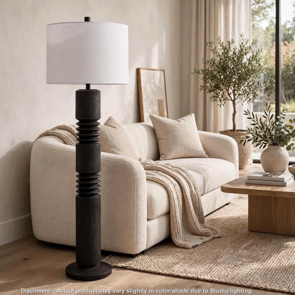 Fiona Floor Lamp, Carved Base, Fabric Shade, Black Textured Polyresin 64 Inch