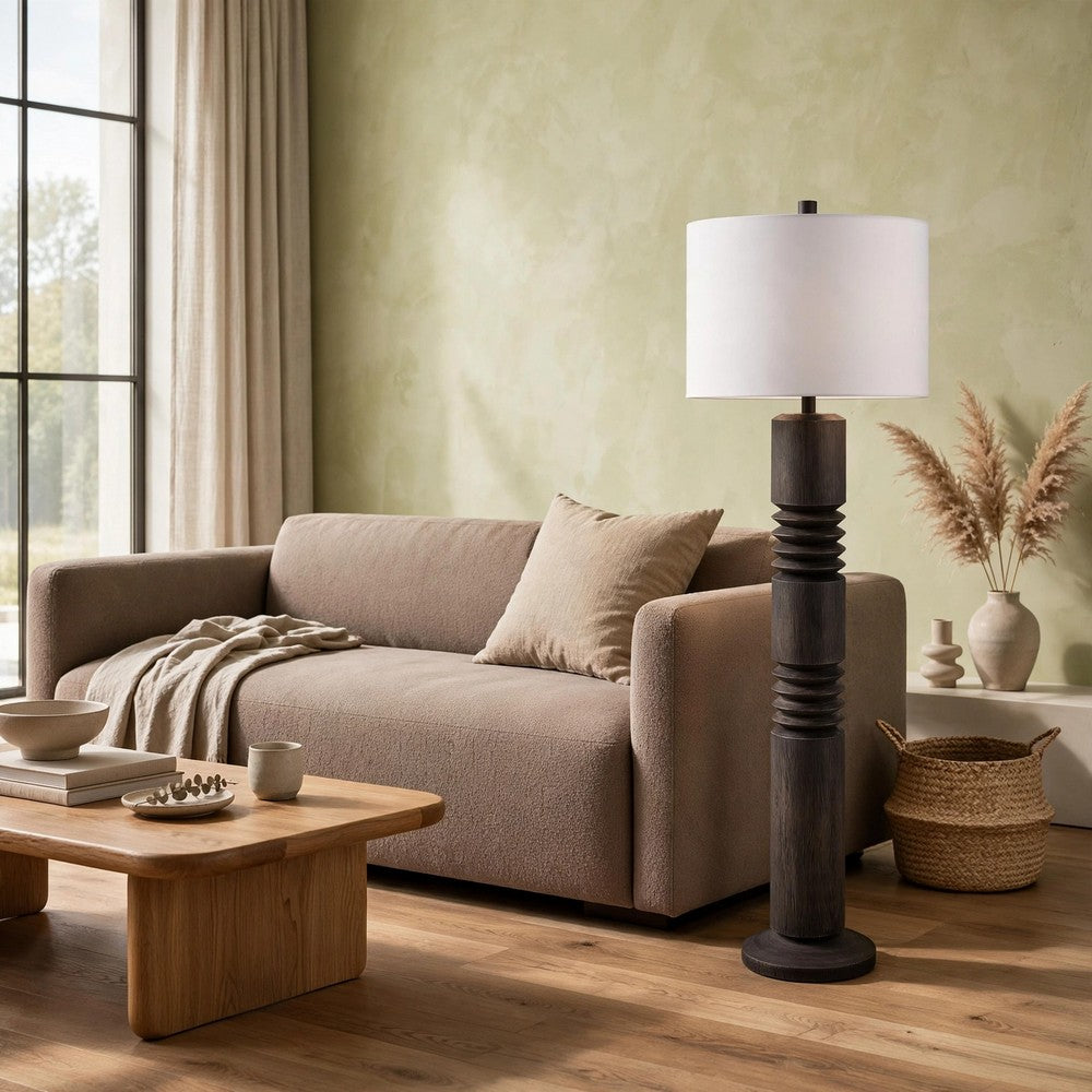 Fiona Floor Lamp, Carved Base, Fabric Shade, Black Textured Polyresin 64 Inch