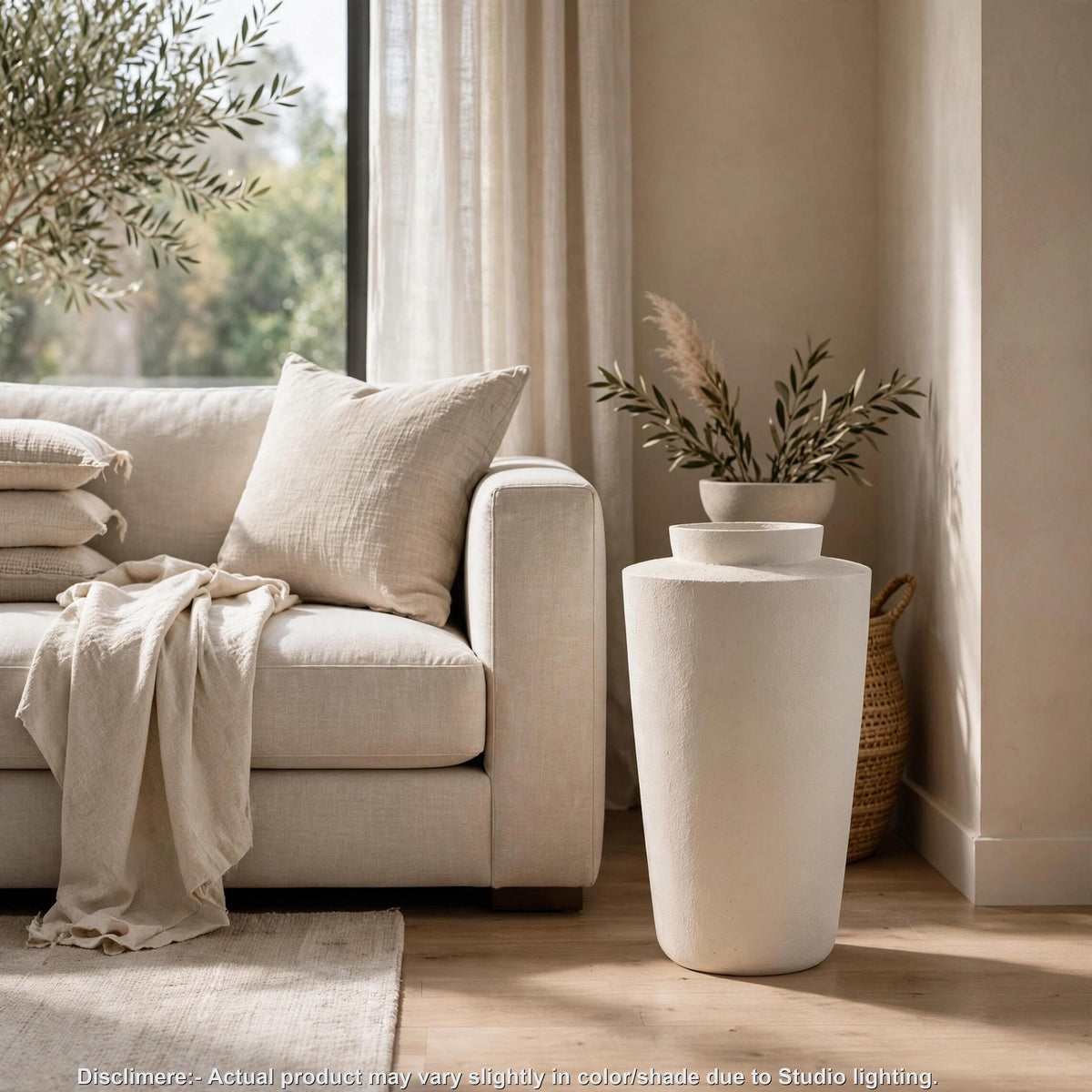 Fauna Floor Vase with Asymmetrical Top Rim, Cream Textured Polyresin 30 Inch-BM355731
