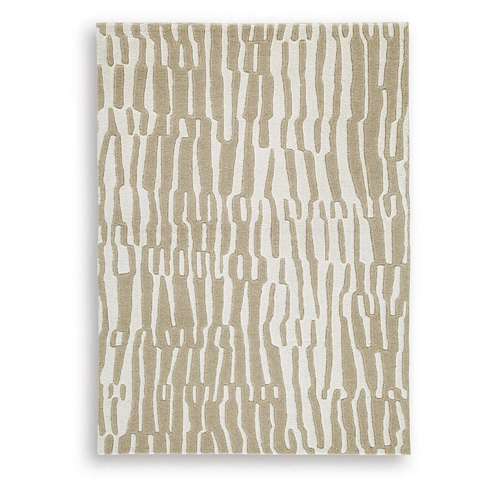 Bella Medium Area Rug with Beige-White Abstract Design, Wool Polyester 5x7