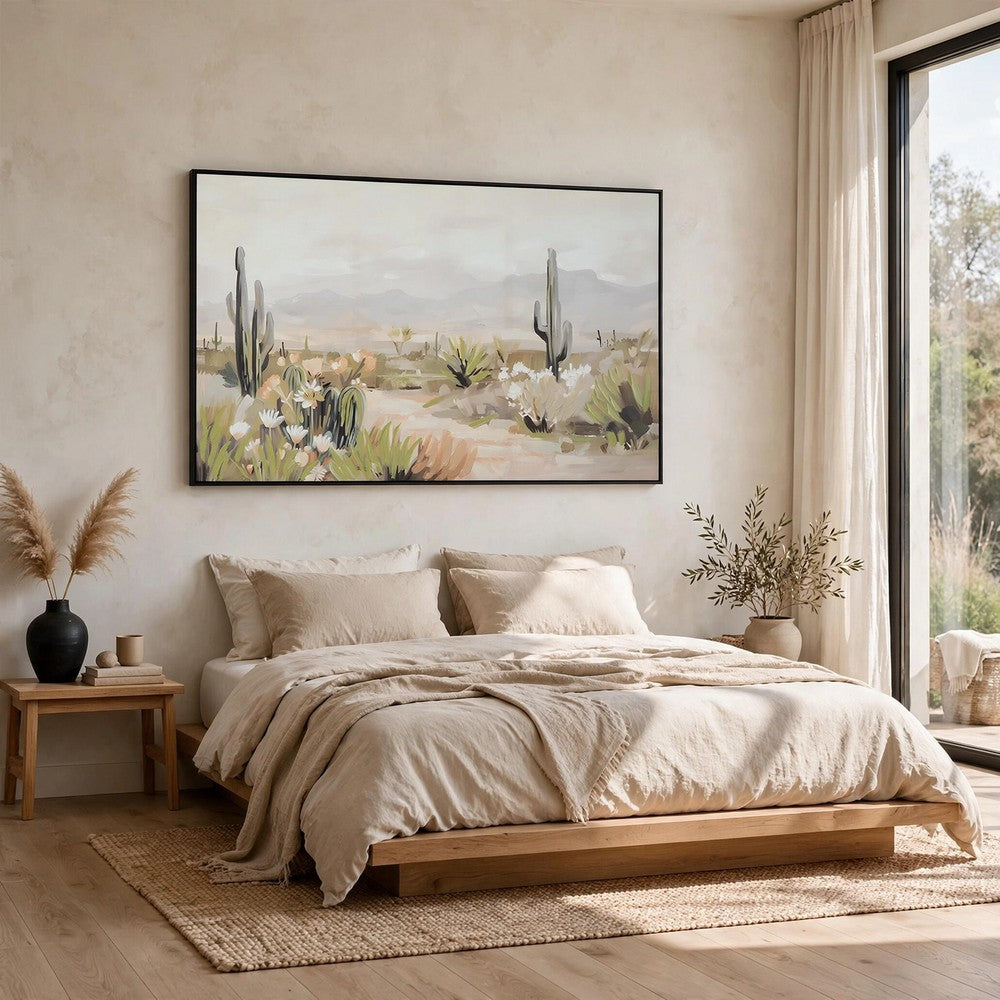 Sidd Desert-Bloom Wall Art with Black Framed Canvas, Neutral Hues 36x60