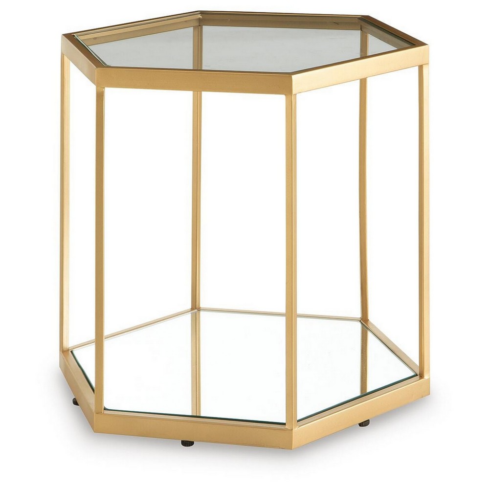 Veryl Accent Cocktail Table with Glass Top, Gold Hexagonal Metal Frame 18 Inch-BM355737