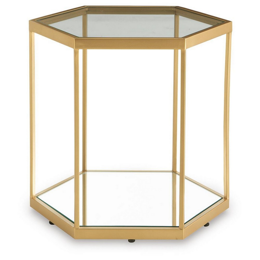 Veryl Accent Cocktail Table with Glass Top, Gold Hexagonal Metal Frame 18 Inch-BM355737