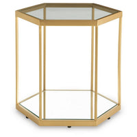 Veryl Accent Cocktail Table with Glass Top, Gold Hexagonal Metal Frame 18 Inch-BM355737