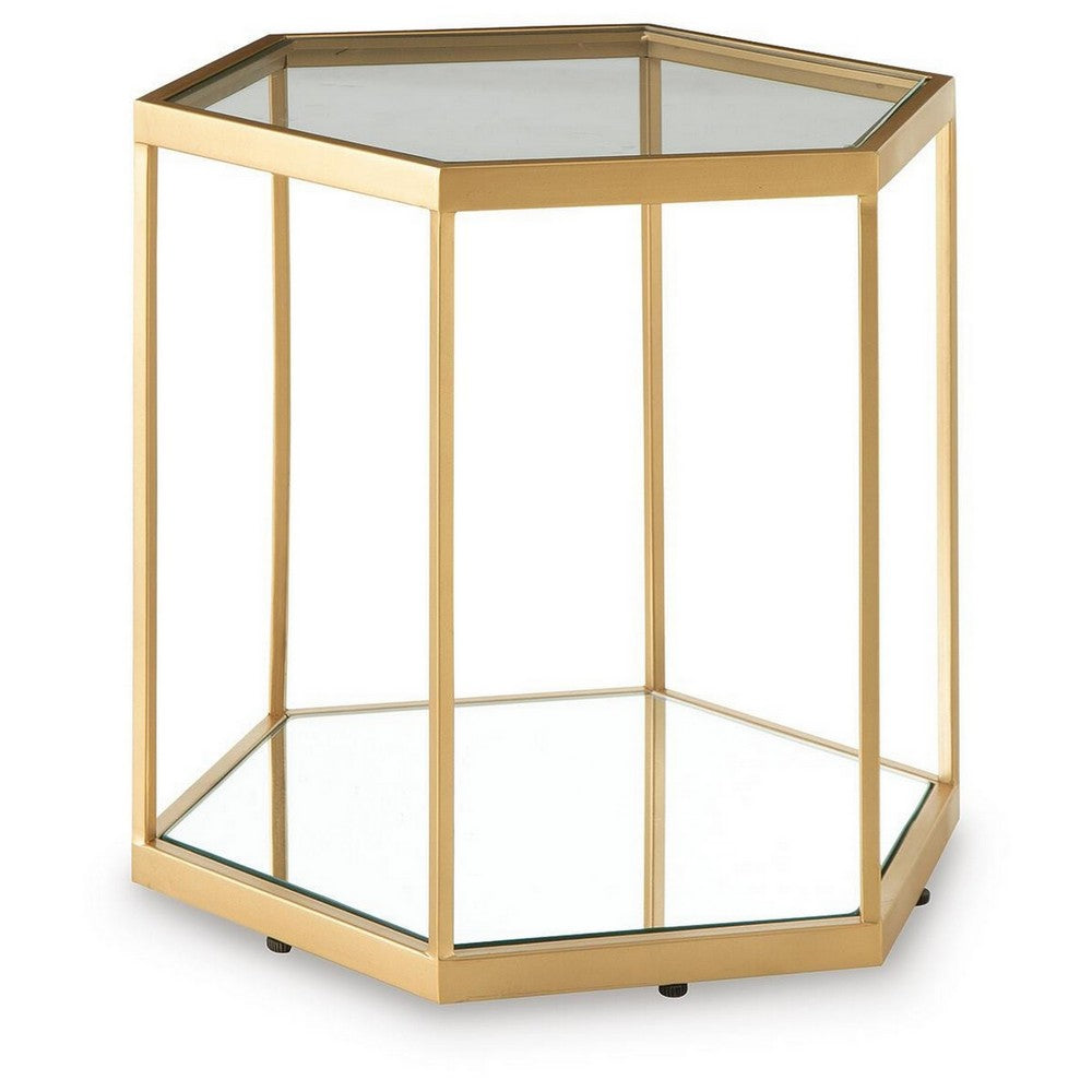 Veryl Accent Cocktail Table with Glass Top, Gold Hexagonal Metal Frame 18 Inch-BM355737