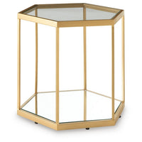 Veryl Accent Cocktail Table with Glass Top, Gold Hexagonal Metal Frame 18 Inch-BM355737