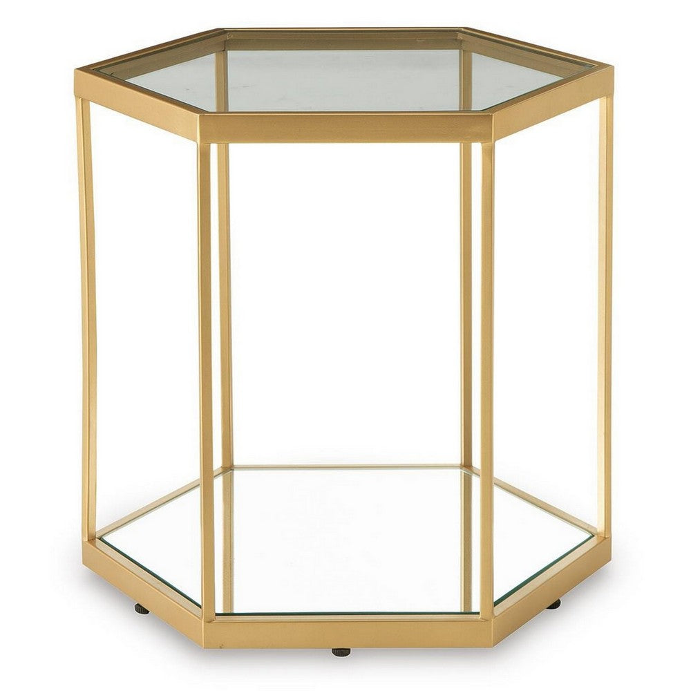Veryl Accent Cocktail Table with Glass Top, Gold Hexagonal Metal Frame 18 Inch-BM355737