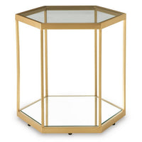 Veryl Accent Cocktail Table with Glass Top, Gold Hexagonal Metal Frame 18 Inch-BM355737