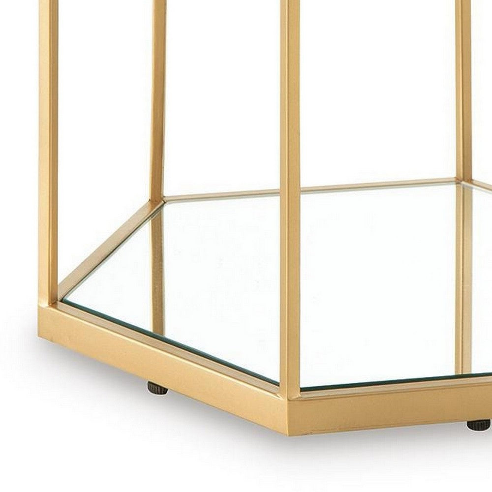 Veryl Accent Cocktail Table with Glass Top, Gold Hexagonal Metal Frame 18 Inch-BM355737