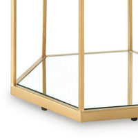 Veryl Accent Cocktail Table with Glass Top, Gold Hexagonal Metal Frame 18 Inch-BM355737