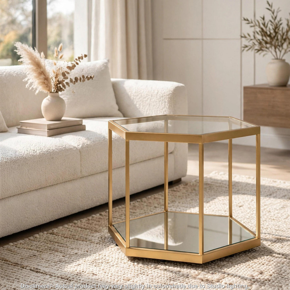 Veryl Accent Cocktail Table with Glass Top, Gold Hexagonal Metal Frame 18 Inch-BM355737